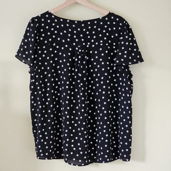 ELLE Top Women XL Black White Polka Dot Pull On Semi Sheer Flowy Flutter SS Boho - Picture 2 of 13